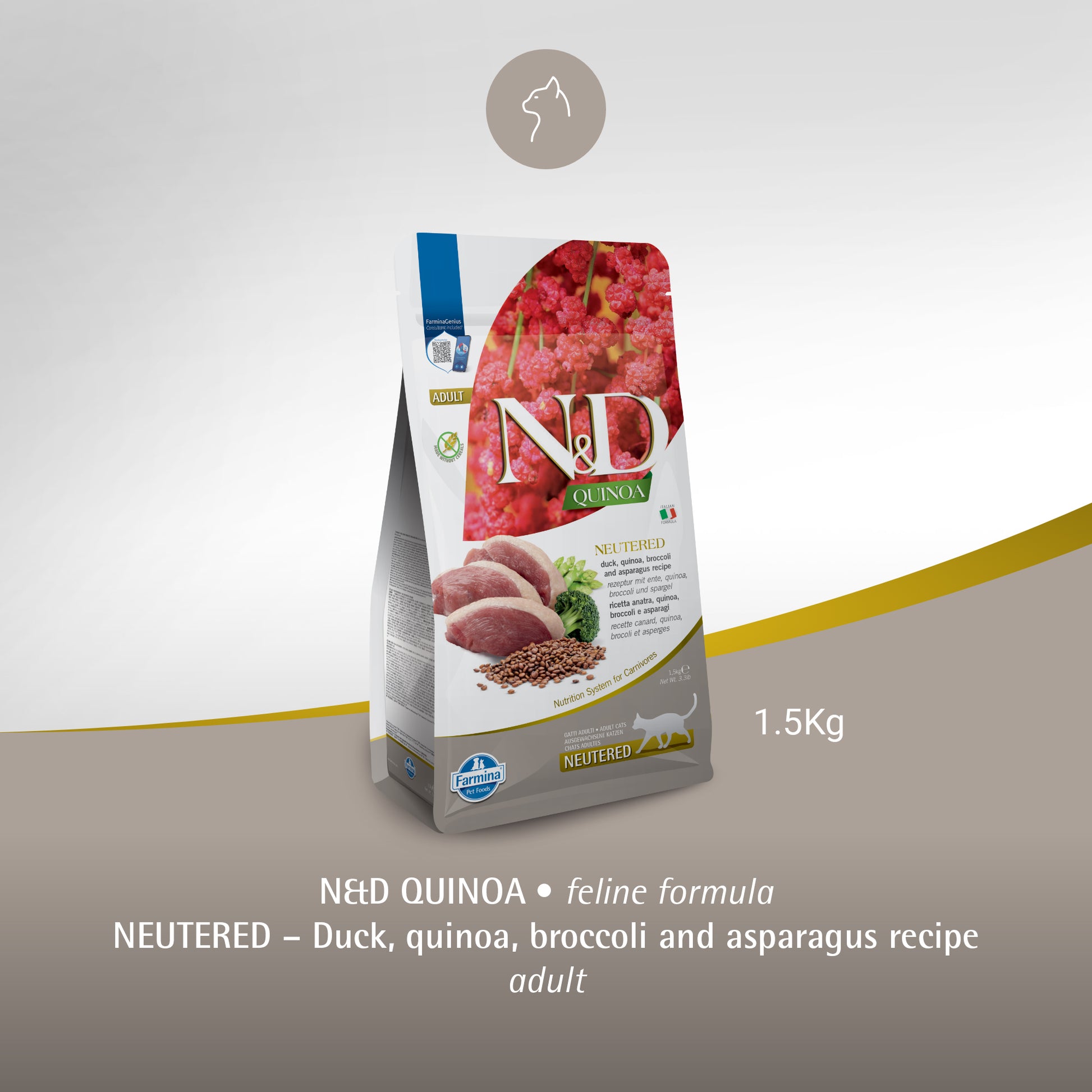 Farmina N&D Quinoa Neutered Duck, Broccoli & Asparagus Dry Food For Adult Cat - 1.5 kg - Heads Up For Tails