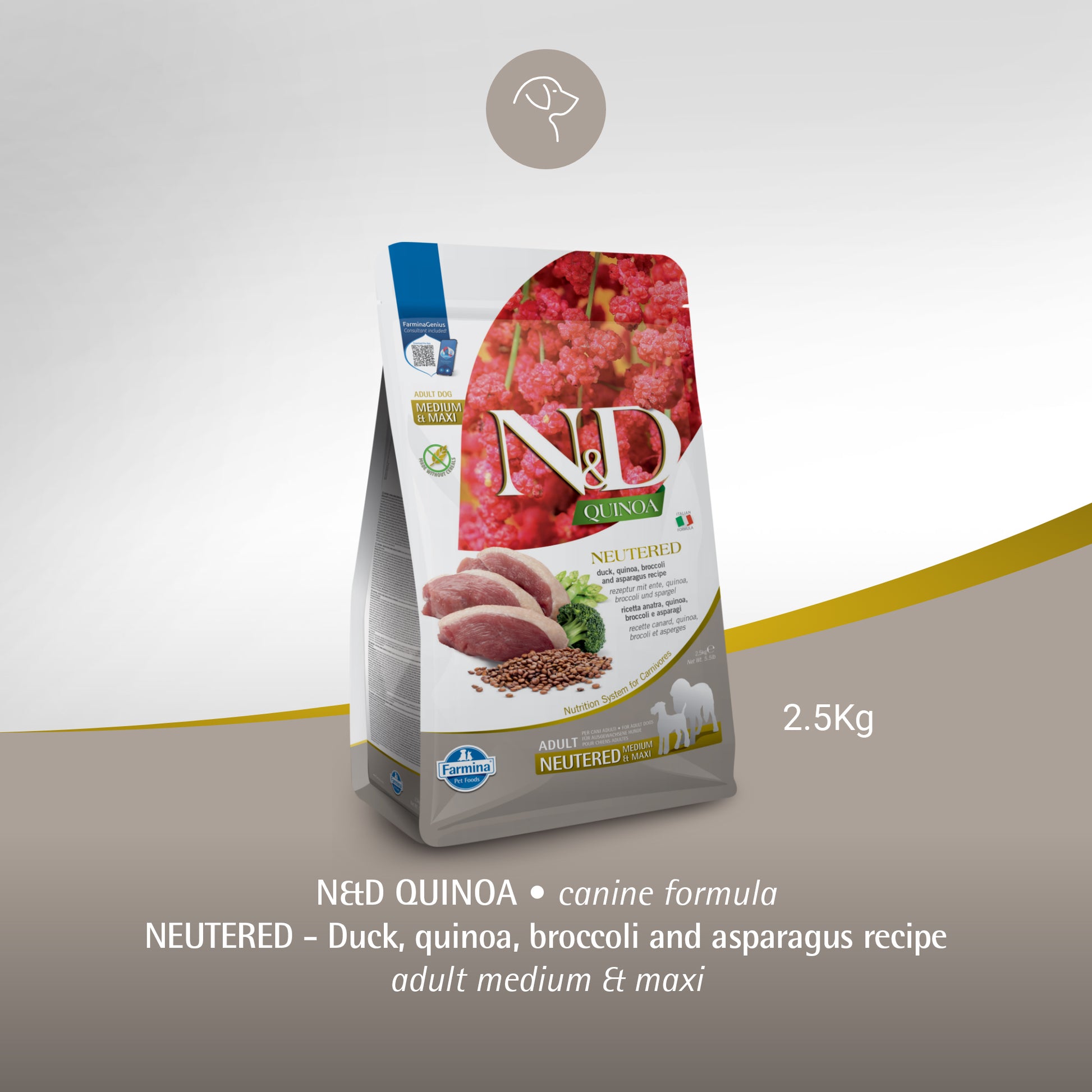 Farmina N&D Quinoa Neutered Duck, Broccoli & Asparagus Dry Food For Adult Dog - Medium & Maxi Breed - 2.5 kg - Heads Up For Tails