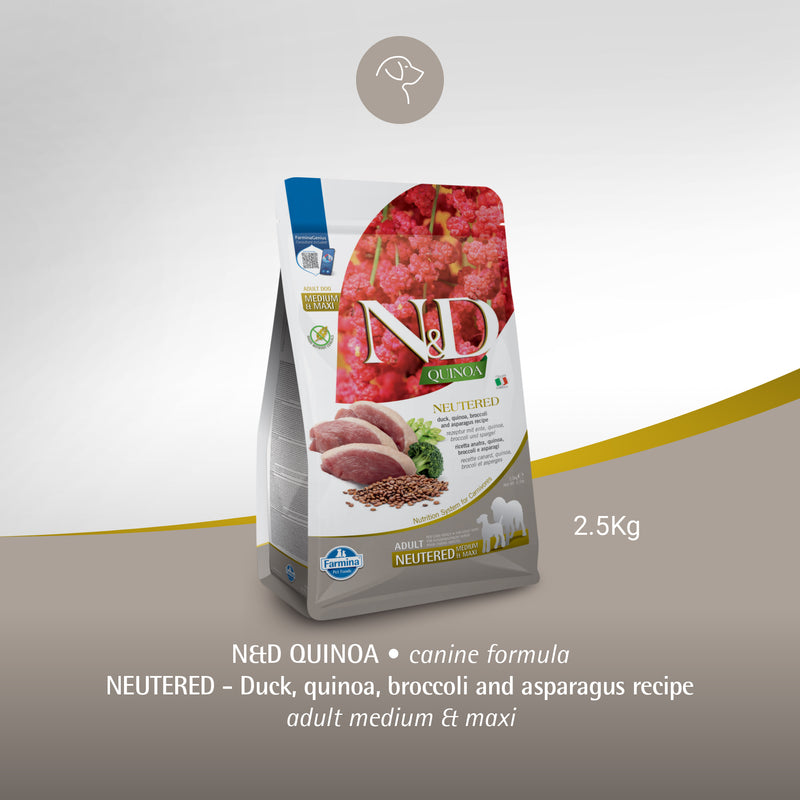 Farmina N&D Quinoa Neutered Duck, Broccoli & Asparagus Dry Food For Adult Dog - Medium & Maxi Breed - 2.5 kg - Heads Up For Tails