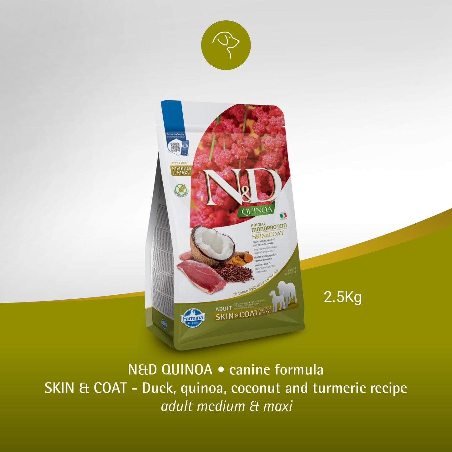Farmina N&D Quinoa (Skin & Coat) Duck, Coconut & Turmeric All Dry Dog Food, Grain-Free (Medium & Maxi Breed)