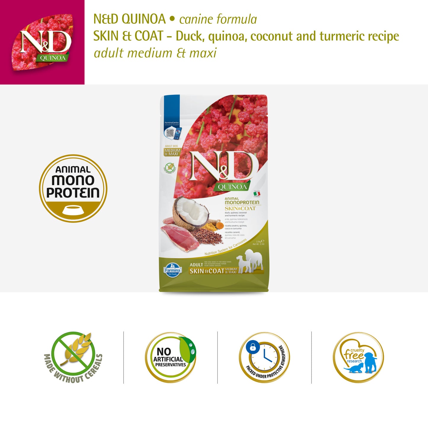 Farmina N&D Quinoa (Skin & Coat) Duck, Coconut & Turmeric All Dry Dog Food, Grain-Free (Medium & Maxi Breed)