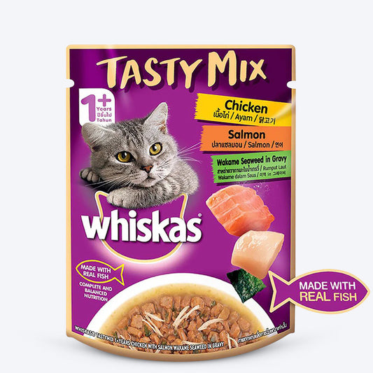 Whiskas Adult (1+ year) Tasty Mix Wet Cat Food Made With Real Fish, Chicken With Salmon Wakame Seaweed in Gravy - 70 gm packs - Heads Up For Tails