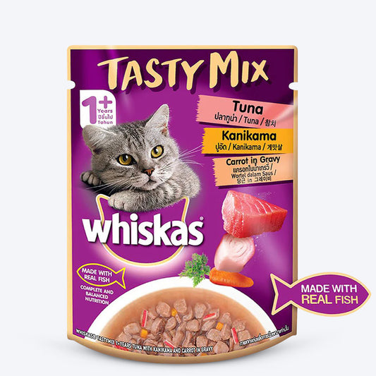 Whiskas Adult (1+ year) Tasty Mix Wet Cat Food Made With Real Fish, Tuna With Kanikama And Carrot in Gravy - 70 g packs - Heads Up For Tails
