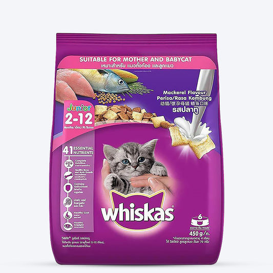 Whiskas Kitten (2-12 months) Dry Cat Food, Mackerel Flavour - 450g - Heads Up For Tails