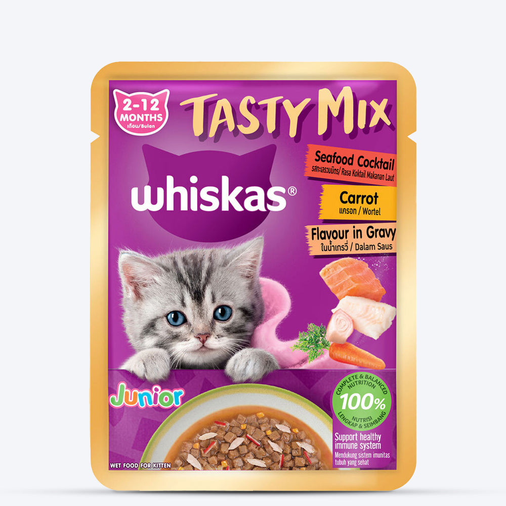 Whiskas Tasty Mix Seafood Cocktail With Carrot In Gravy Wet Food For Junior (2-12 Months) Kitten- 70 gm Pack