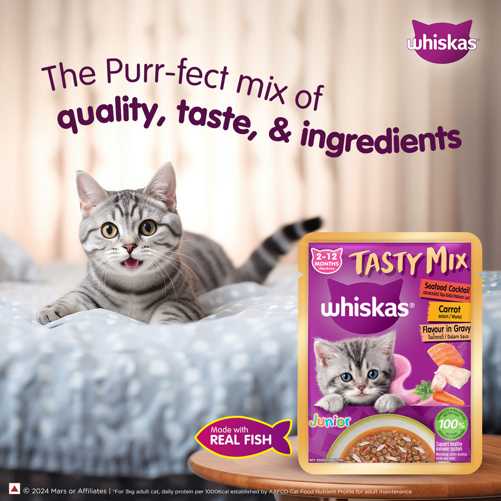 Whiskas Tasty Mix Seafood Cocktail With Carrot In Gravy Wet Food For Junior (2-12 Months) Kitten- 70 gm Pack