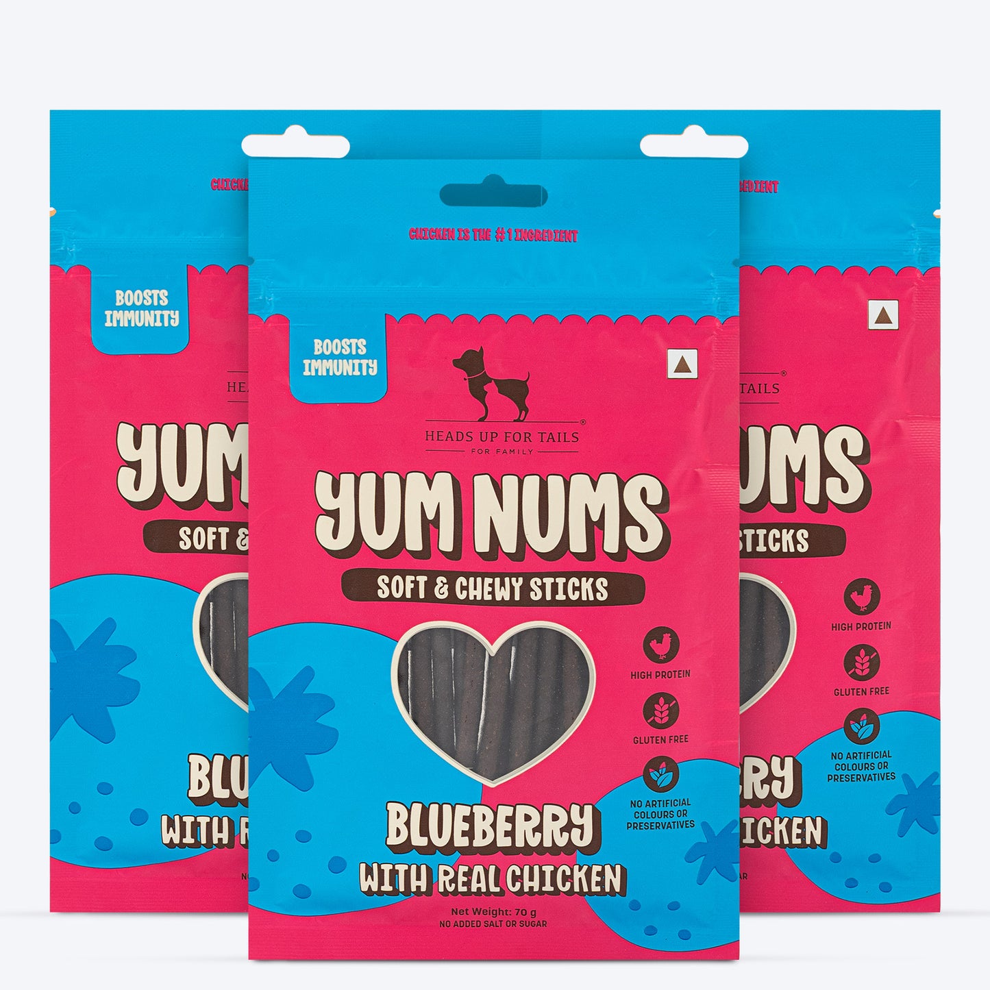 HUFT Yum Nums Dog Treats Soft & Chewy Sticks Blueberry With Real Chicken - 70 gm - Heads Up For Tails