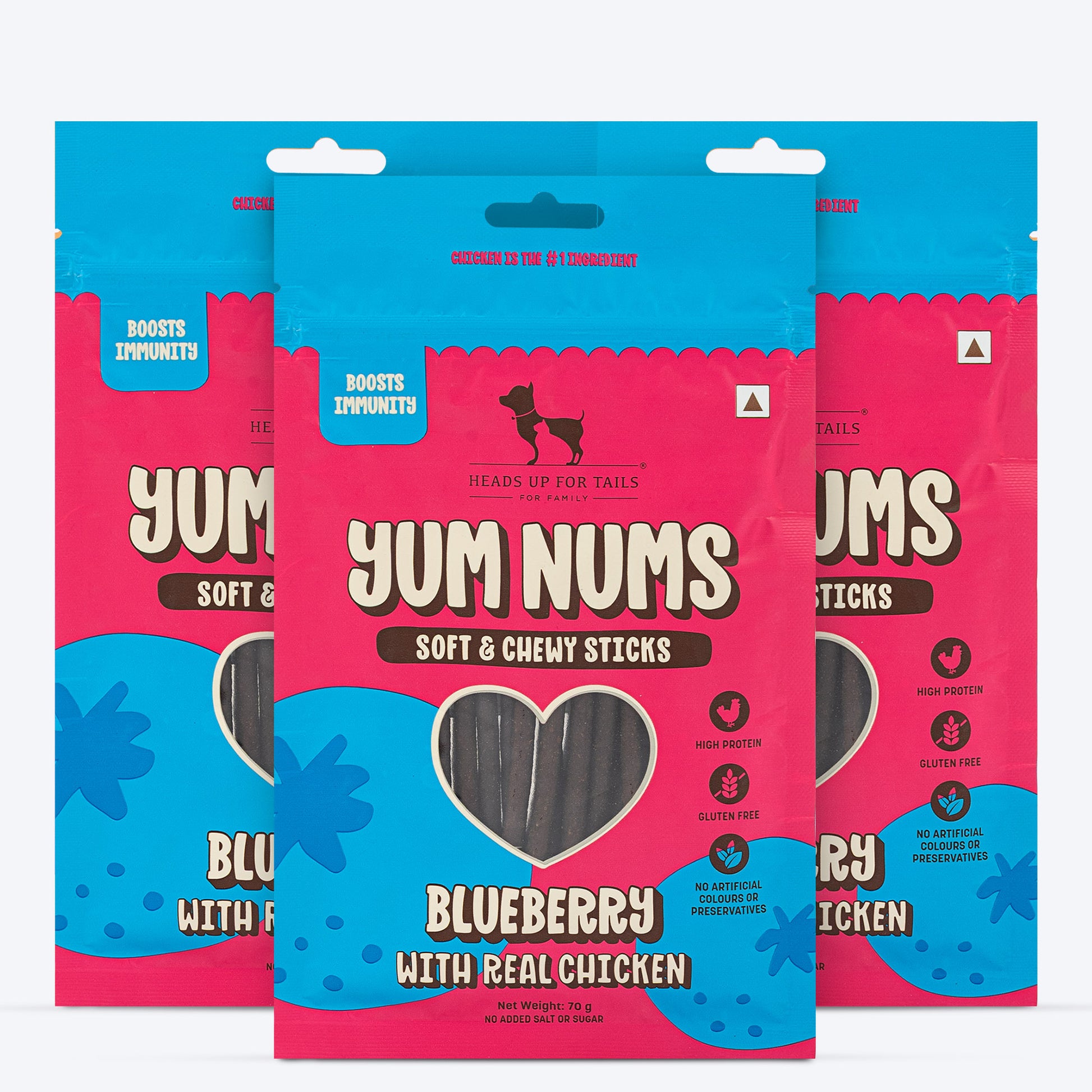 HUFT Yum Nums Dog Treats Soft & Chewy Sticks Blueberry With Real Chicken - 70 gm - Heads Up For Tails
