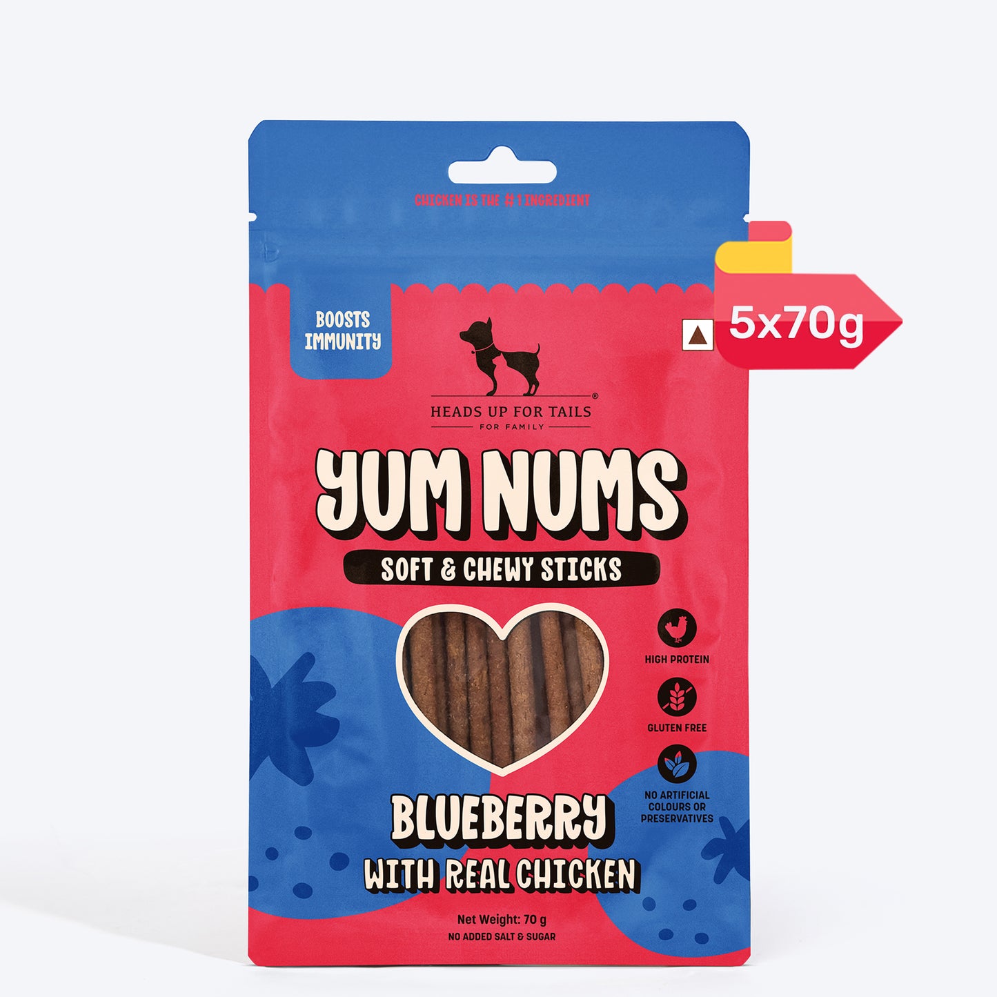 HUFT Yum Nums Soft & Chewy Sticks Blueberry With Real Chicken Treat For Dogs - 70 g