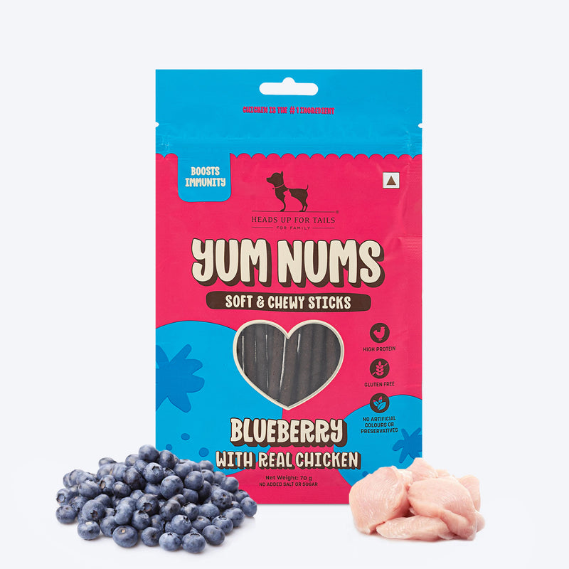 HUFT Yum Nums Dog Treats Soft & Chewy Sticks Blueberry With Real Chicken - 70 gm - Heads Up For Tails