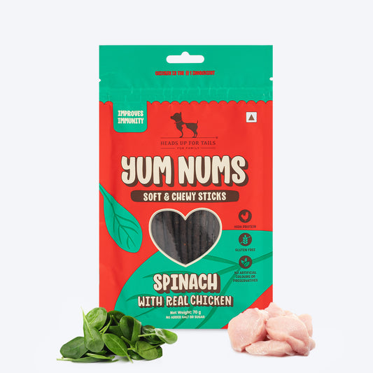 HUFT Yum Nums Dog Treats Soft & Chewy Sticks Spinach With Real Chicken - 70 gm - Heads Up For Tails