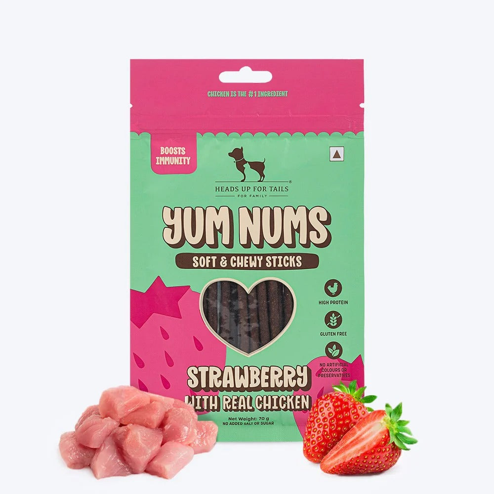 HUFT Yum Nums Soft & Chewy Sticks Strawberry with Real Chicken Dog Treat - 70 gm