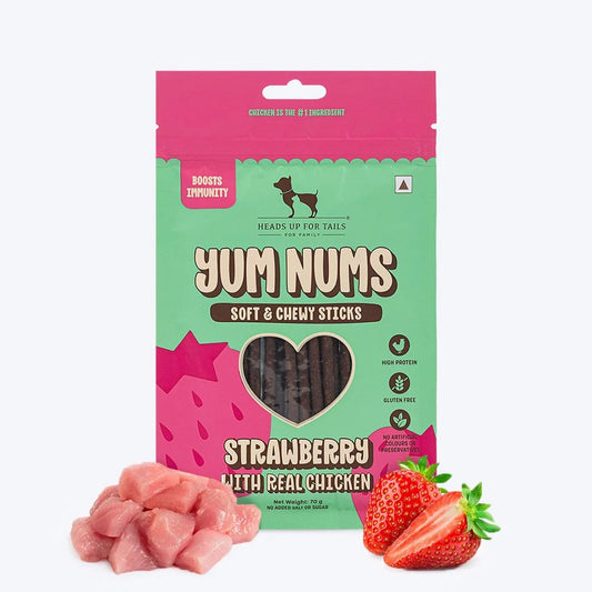 HUFT Yum Nums Soft & Chewy Sticks Strawberry with Real Chicken Dog Treat - 70 gm