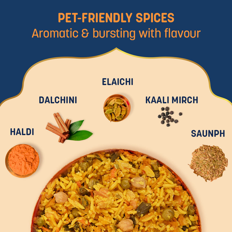 Sara's Wholesome Flavours Of India Vegetable Biryani Dog Wet Food, 300 gm, with 35% paneer and 65% rice & veggies.