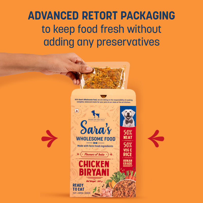 Sara's Wholesome Food Chicken Biryani, Flavours of India, 300 g, made with 50% meat and 50% vegetables and rice.