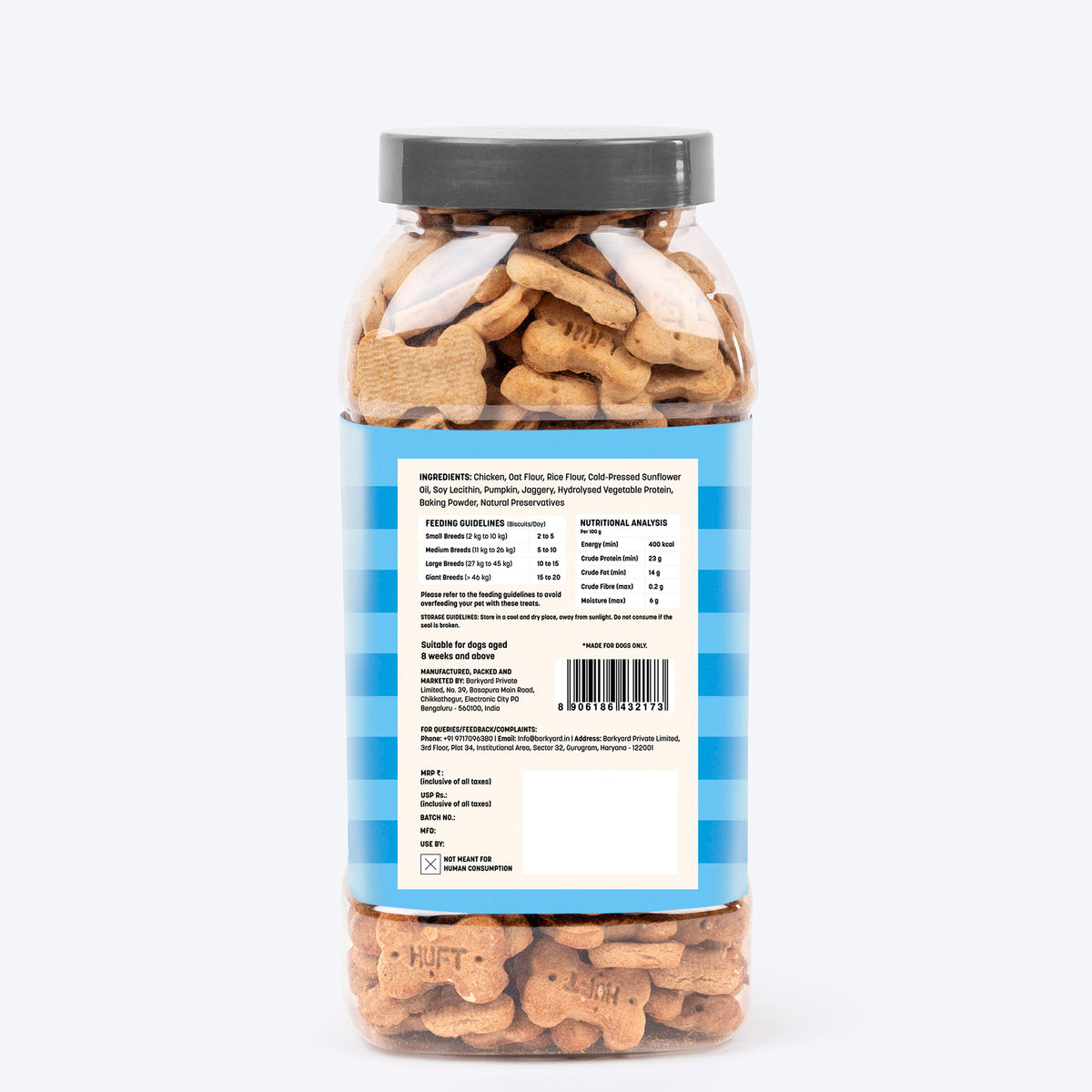 HUFT YIMT Chicken & Oats Gluten-Free Dog Biscuits, 400g jar, featuring bone-shaped treats for dogs
