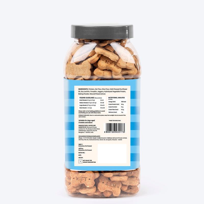 HUFT YIMT Chicken & Oats Gluten-Free Dog Biscuits, 400g jar, featuring bone-shaped treats for dogs