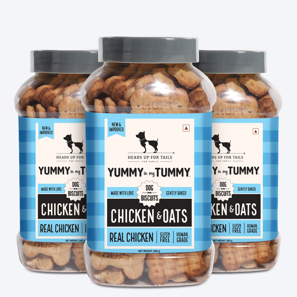 Heads Up for Tails Yummy in my Tummy Chicken & Oats dog biscuits, gluten-free, 320g, in a multi-pack jar