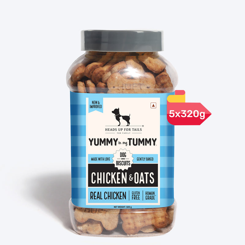 Heads Up for Tails Yummy in my Tummy Chicken & Oats dog biscuits, 5-pack of 320g jars, gluten-free, gently baked
