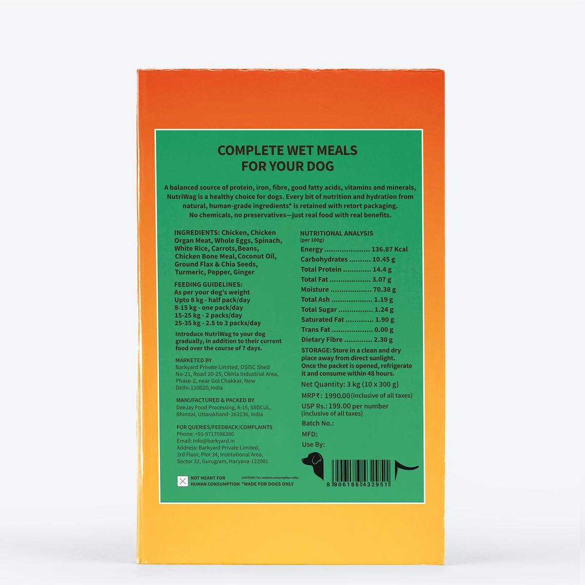 NutriWag Complete Wet Meals With Chicken, Rice & Spinach For Dog - 300g - Heads Up For Tails