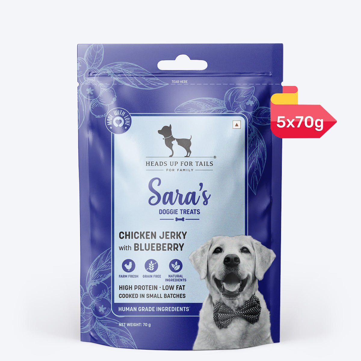 Sara's Doggie Treats Chicken Jerky with Blueberry, 70 gm, high protein, low fat, made with natural ingredients.