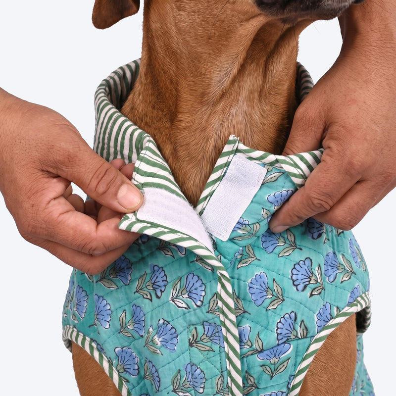 HUFT Jaipuri Gul Block-Printed Jacket For Dog - Turquoise & Green