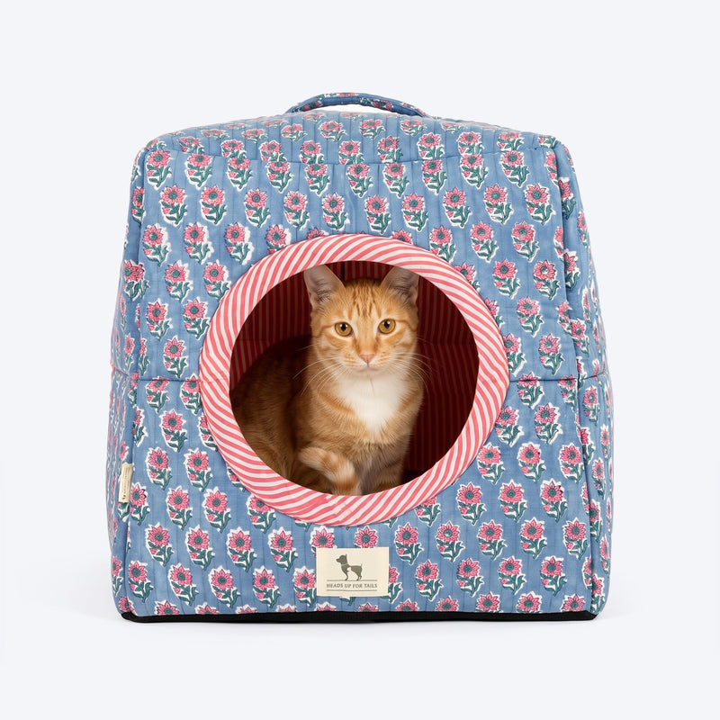 HUFT Jaipuri Phool Block-Printed Tent For Cat - Blue & Pink