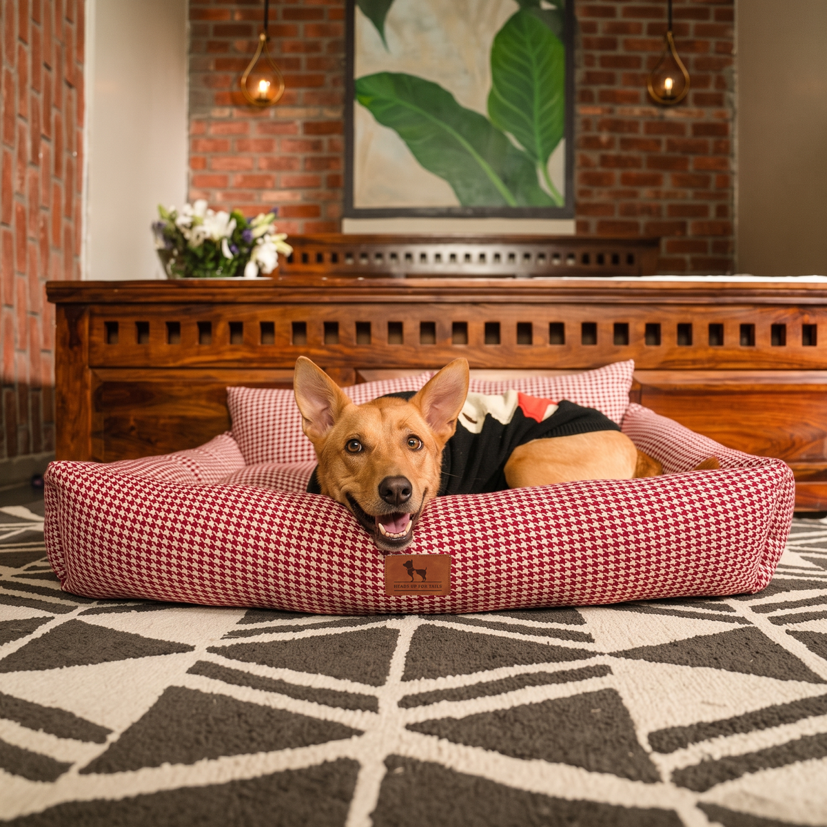 HUFT Cherry Houndstooth Lounger Bed For Dog - Maroon & Ivory - Heads Up For Tails
