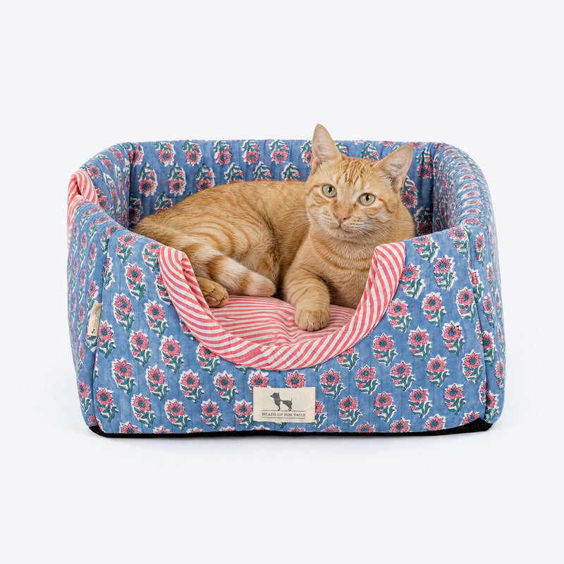 HUFT Jaipuri Phool Block-Printed Tent For Cat - Blue & Pink - Heads Up For Tails