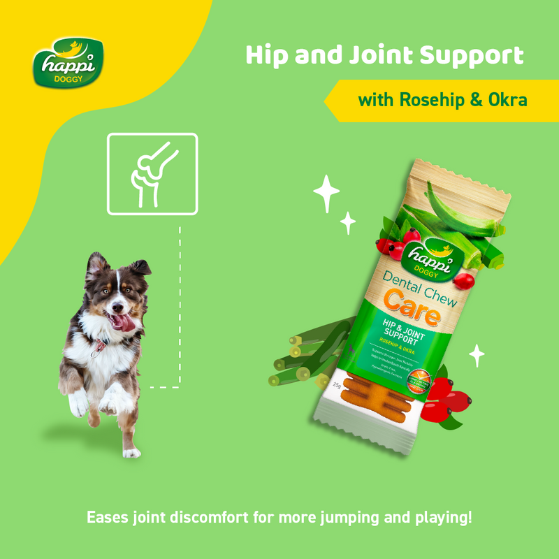 Happi Doggy Vegetarian Dental Chew - Care (Hip & Joint Support) Rosehip & Okra - Petite - 2.5 inch - 150 g - 18 Pieces-2