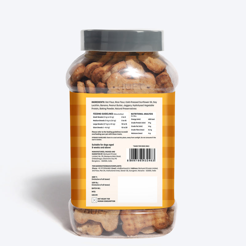 HUFT YIMT Peanut Butter & Banana Gluten-Free Dog Biscuits, 400g jar, with ingredients and feeding guidelines on the label