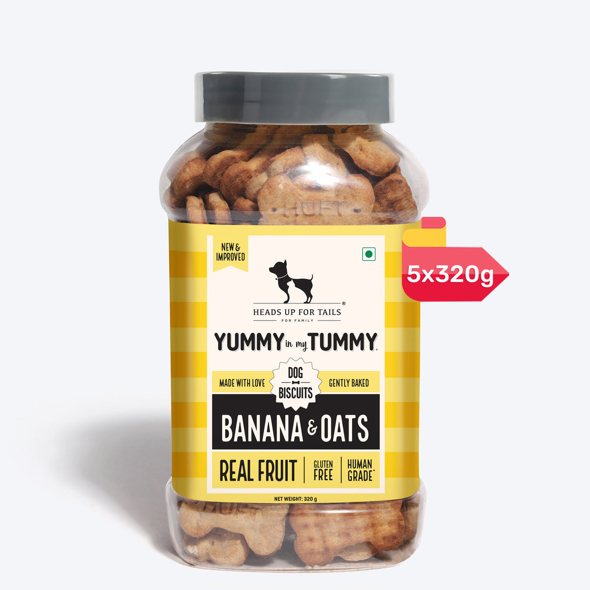 Heads Up for Tails Yummy in my Tummy Banana & Oats dog biscuits, gluten-free, 5-pack of 320g jars