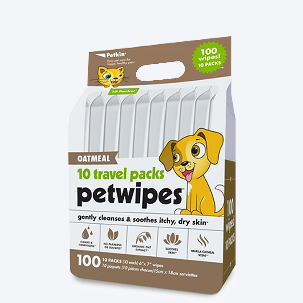 Petkin Oatmeal Travel Pack Pet Wipes - 100 Pcs - Heads Up For Tails