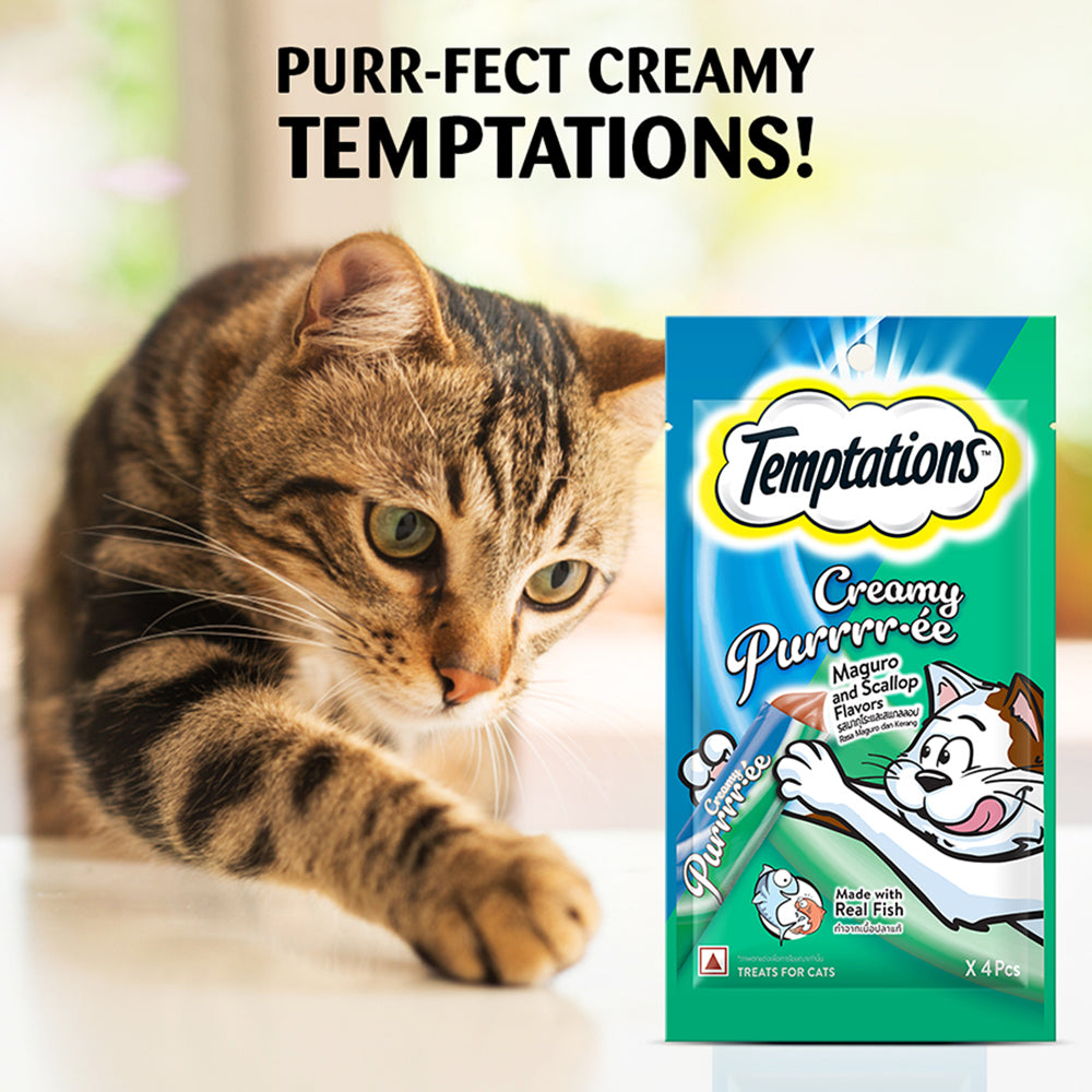 Temptations Creamy Purrrr-ee Cat Treats, Maguro and Scallop Flavors 48g (4 pieces) - Heads Up For Tails