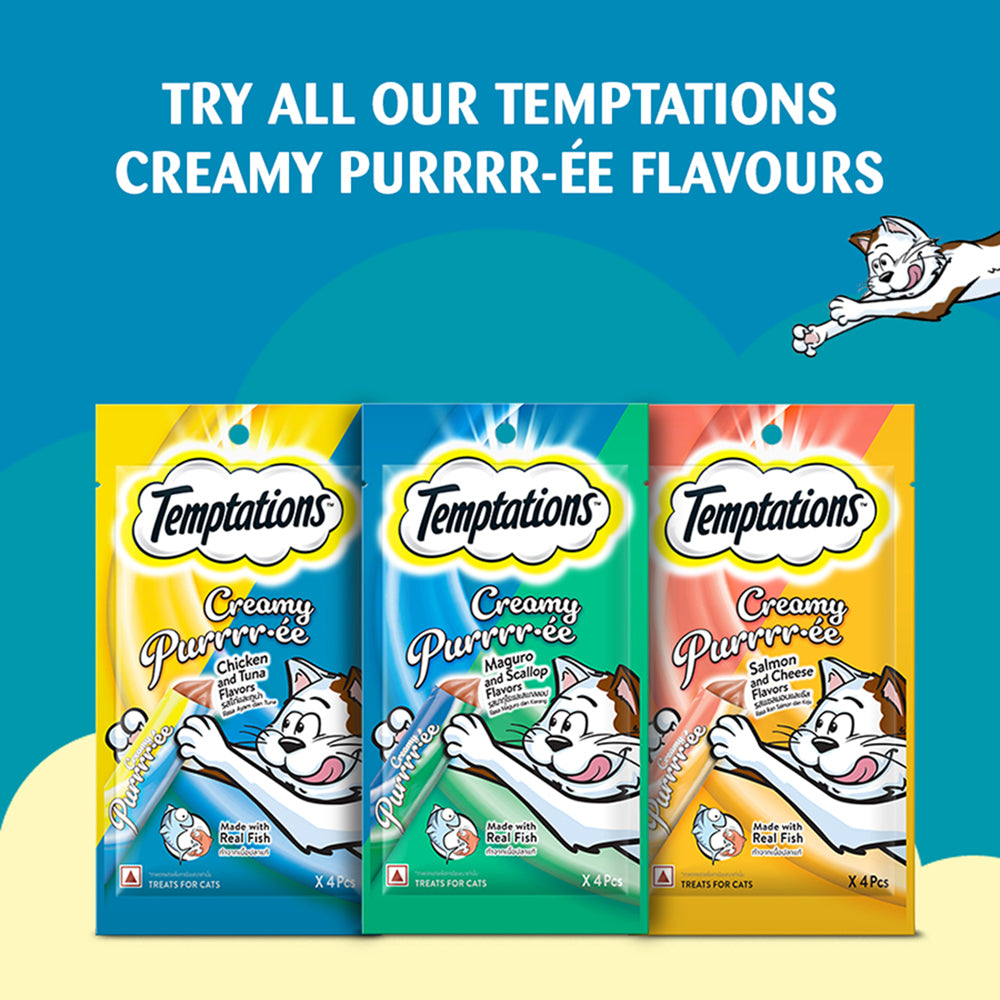 Temptations Creamy Purrrr-ee Cat Treats, Maguro and Scallop Flavors 48g (4 pieces) - Heads Up For Tails