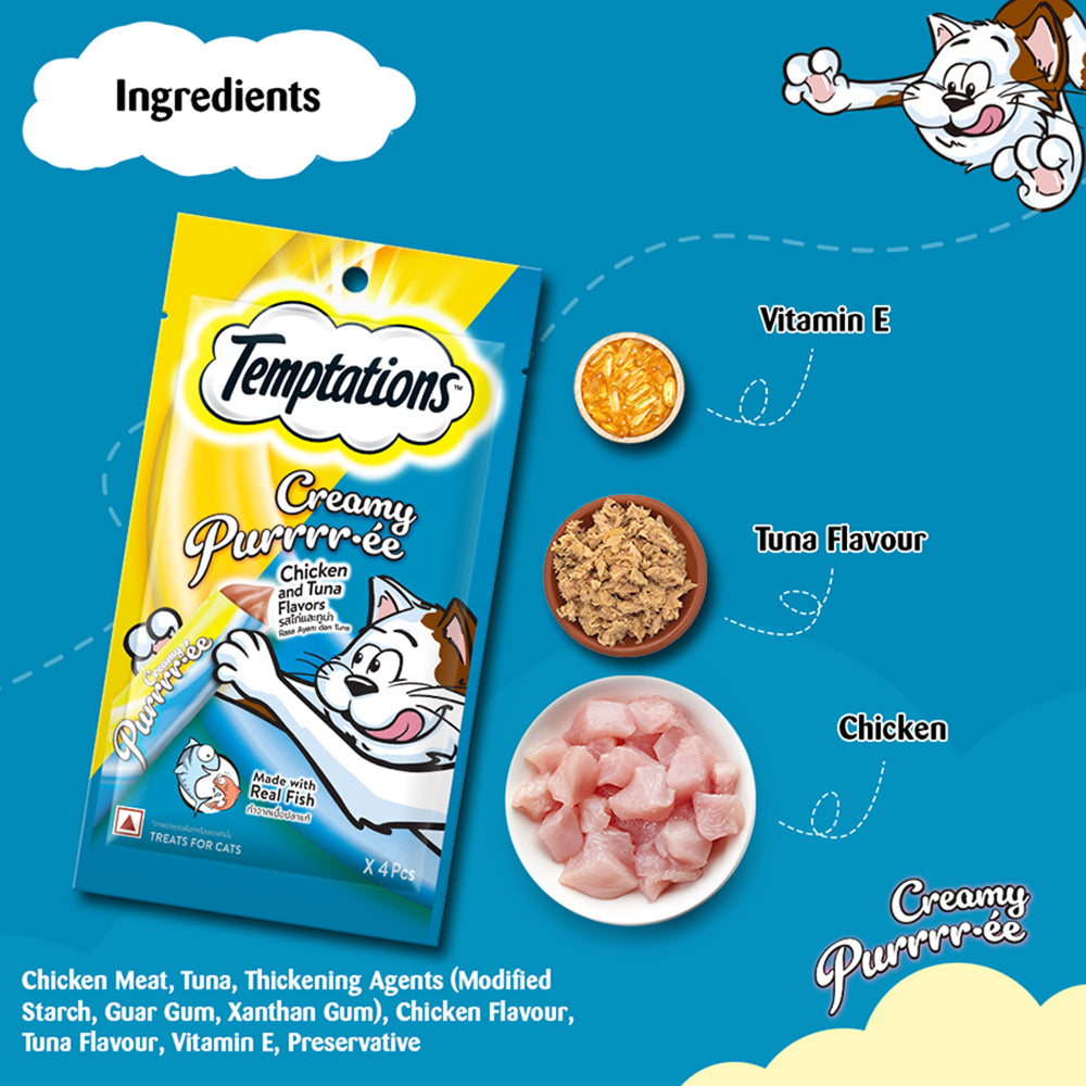 Temptations Creamy Purrrr-ee Cat Treats, Chicken & Tuna Flavors - Heads Up For Tails