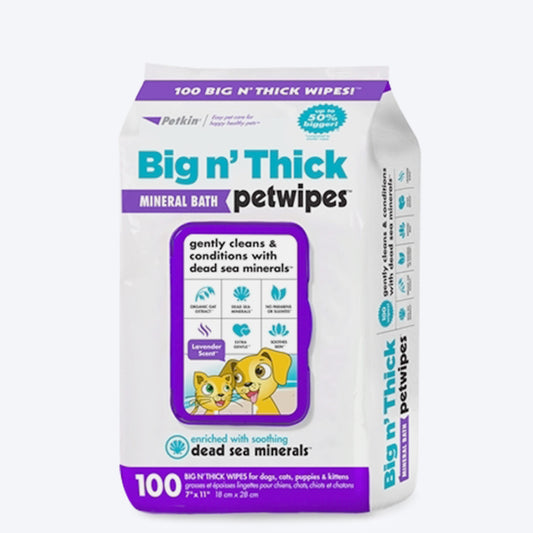 Petkin Big n' Thick Mineral Bath Pet Wipes For Dogs & Cats - 100 Wipes - Heads Up For Tails
