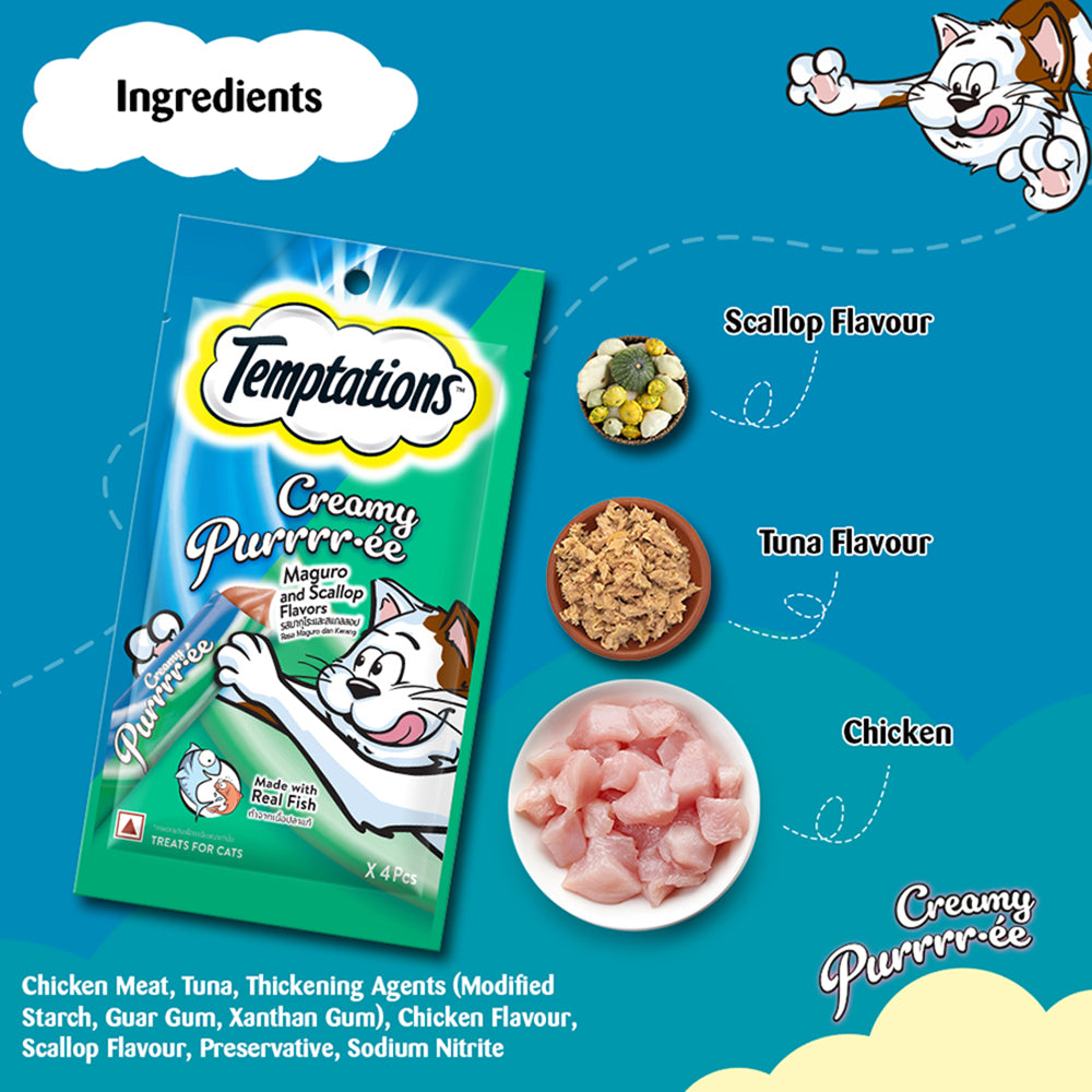 Temptations Creamy Purrrr-ee Cat Treats, Maguro and Scallop Flavors 48g (4 pieces) - Heads Up For Tails