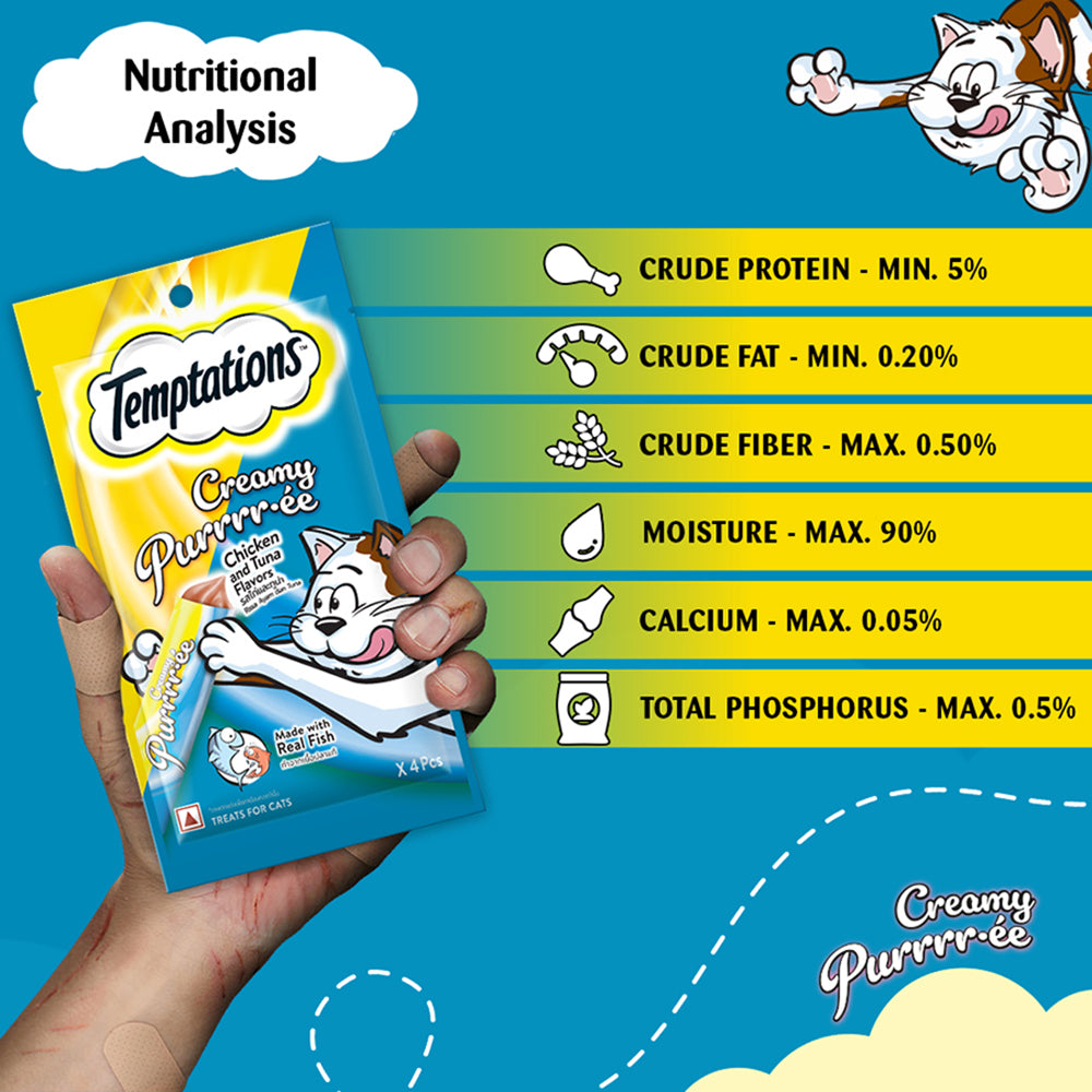 Temptations Creamy Purrrr-ee Cat Treats, Chicken & Tuna Flavors - Heads Up For Tails
