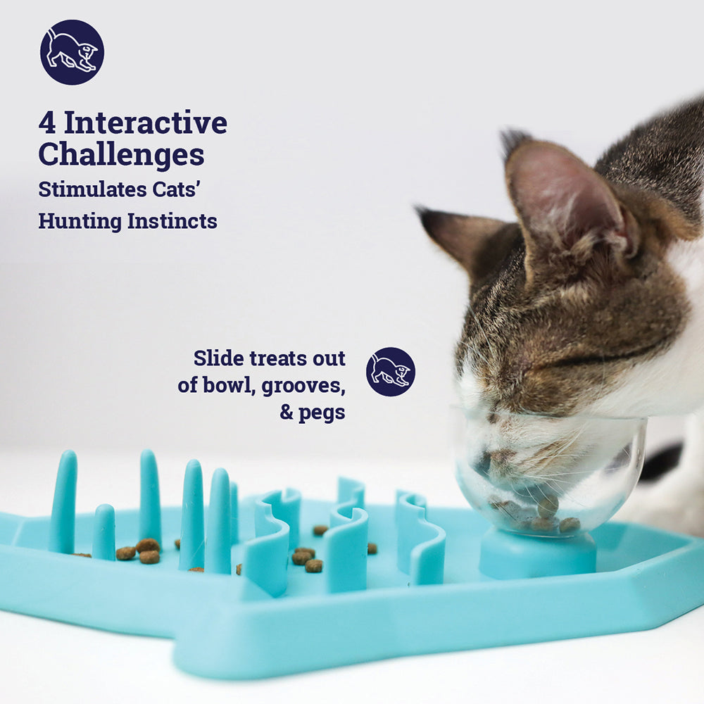 Petstages Hunt N Snack Mat Cat Slow Feeder - Blue - Heads Up For Tails