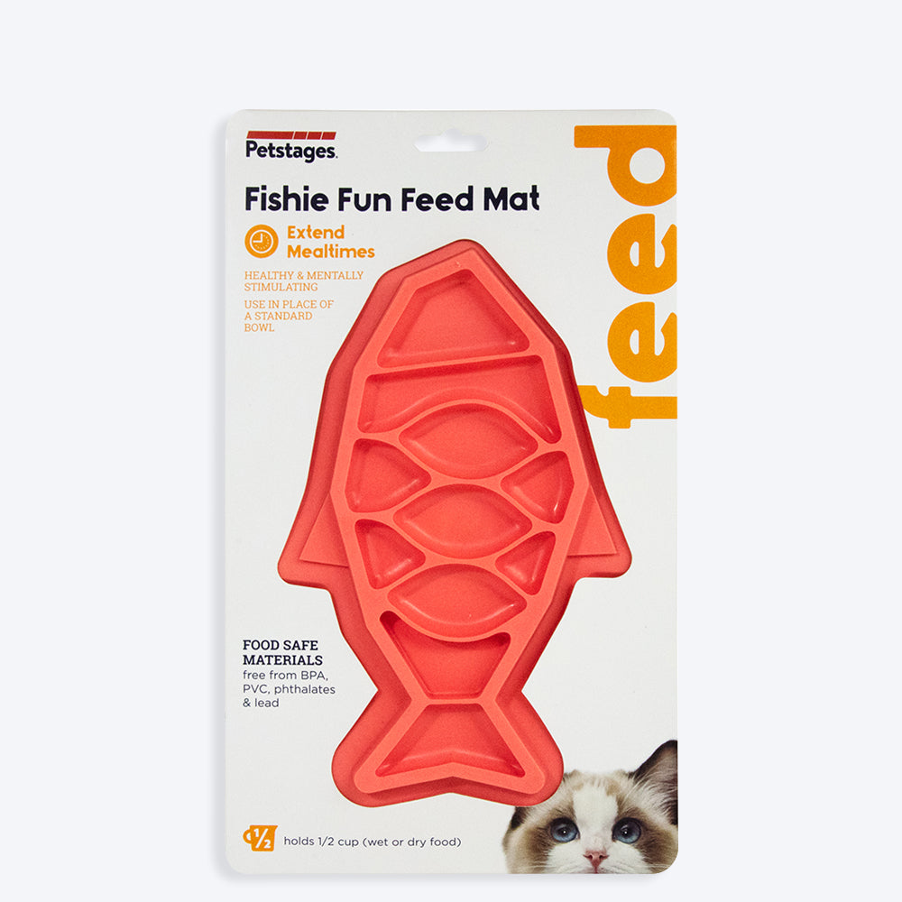 Petstages Fishie Fun Feed Mat Cat Slow Feeder - Pink - Heads Up For Tails