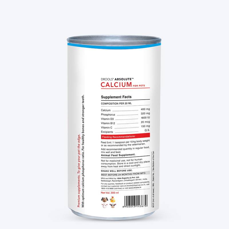 Drools Absolute Calcium Syrup For Dogs - 300ml - Heads Up For Tails