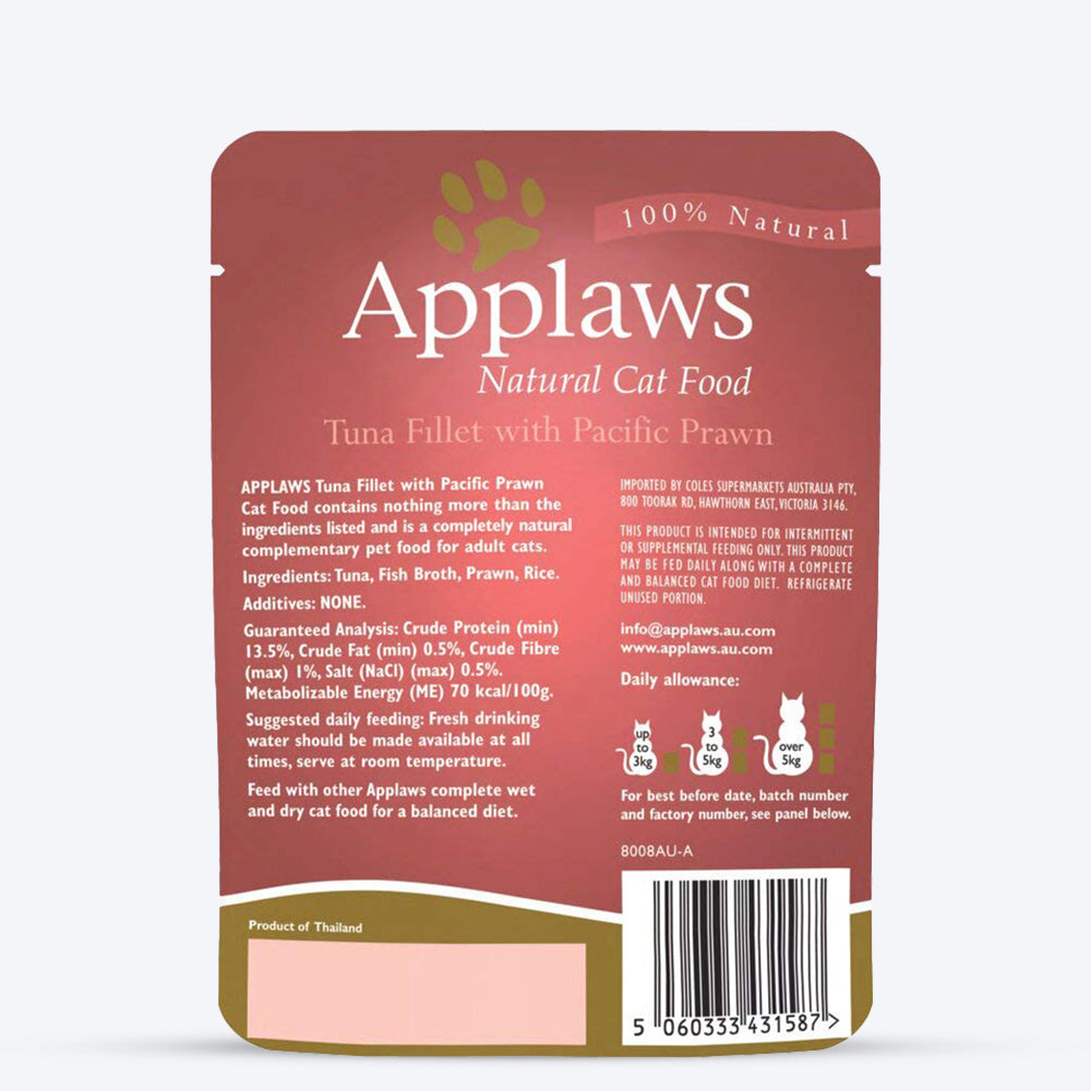 Applaws Natural 75% Tuna Fillet with Pacific Prawn in Broth Wet Cat Food - 70 g - Heads Up For Tails
