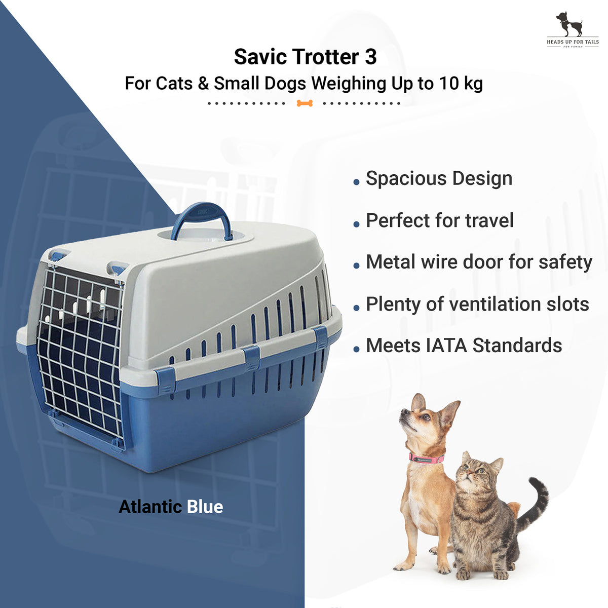 Savic Trotter 3 - Dog & Cat Carrier - Atlantic Blue - 24 x 16 x 15 inch - Holds up to 10 kg - Heads Up For Tails