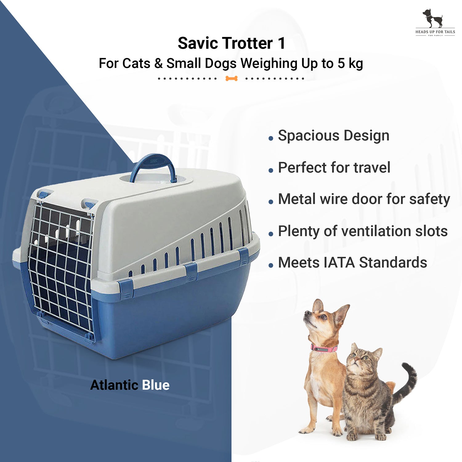 Savic Trotter 1 - Dog & Cat Carrier - Atlantic Blue - 19 x 13 x 12 inch - Holds up to 5 kg - Heads Up For Tails