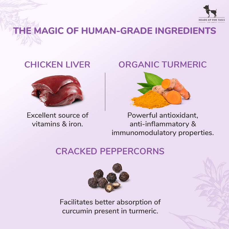 Sara's Doggie Treats Chicken Liver Jerky with Turmeric, 70 g, featuring a purple packaging and images of ingredients.