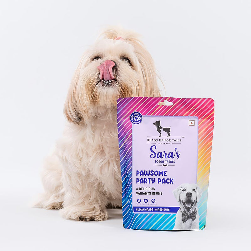 Sara's Doggie Treats Pawsome Party Pack, 200 gm, features 6 delicious variants for dogs, with a colorful packaging design.
