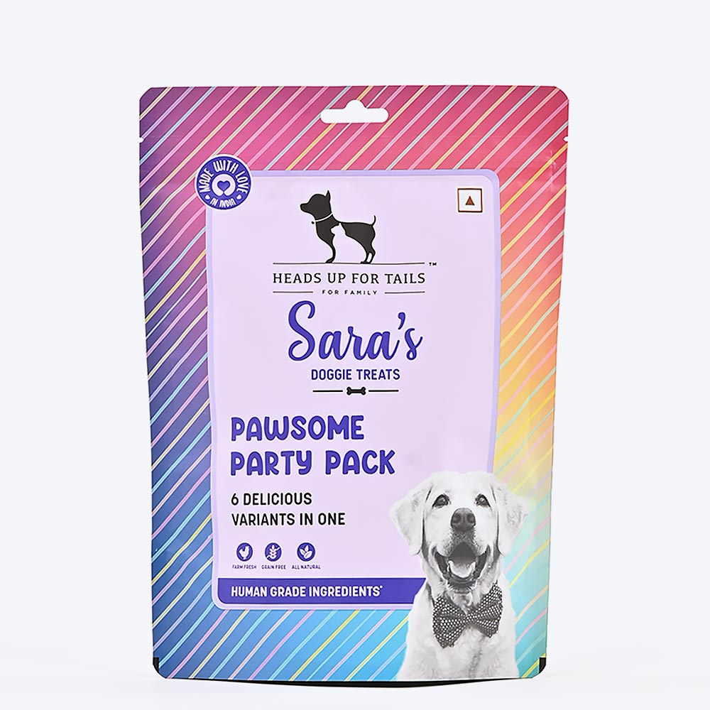 Sara's Doggie Treats Pawsome Party Pack, 200 gm, features 6 delicious variants for dogs, with a colorful packaging design.