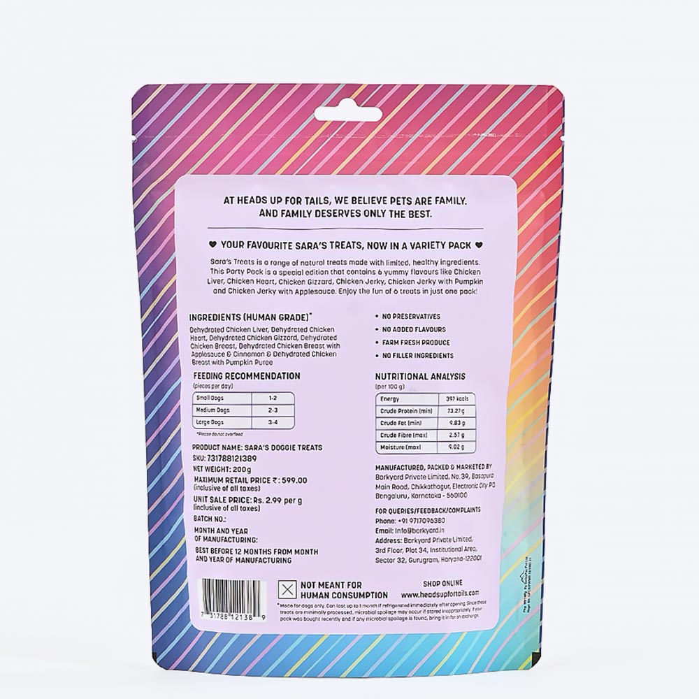 Sara's Doggie Treats Pawsome Party Pack, 200 gm, features 6 delicious variants for dogs, with a colorful packaging design.