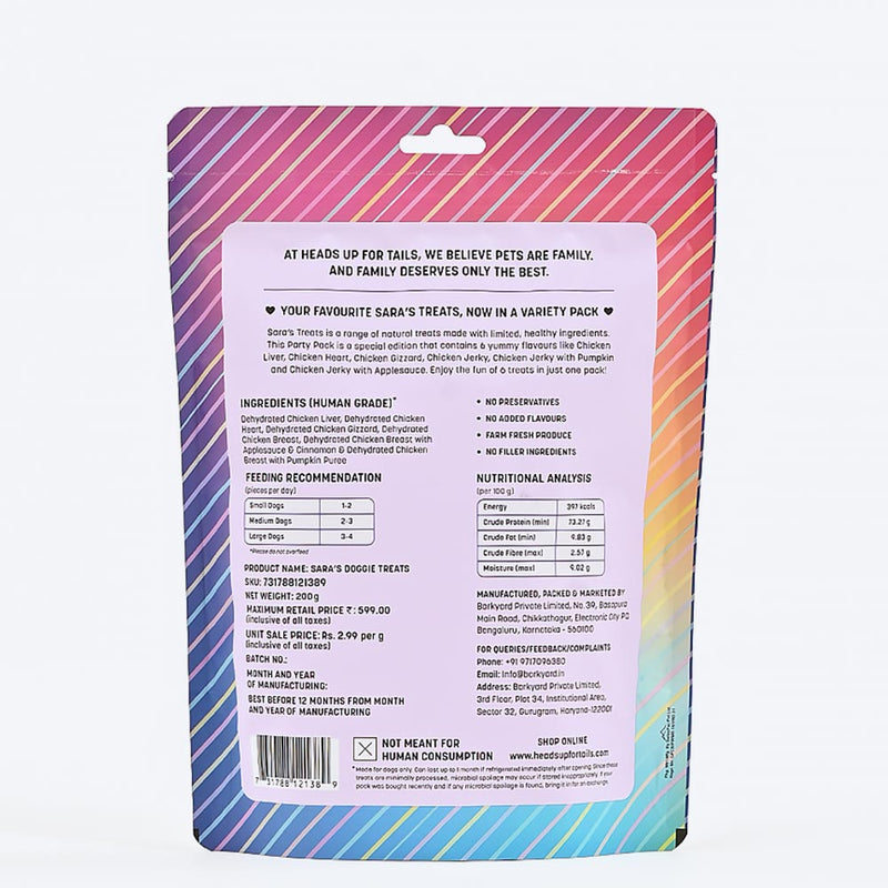 Sara's Doggie Treats Pawsome Party Pack, 200 gm, features 6 delicious variants for dogs, with a colorful packaging design.